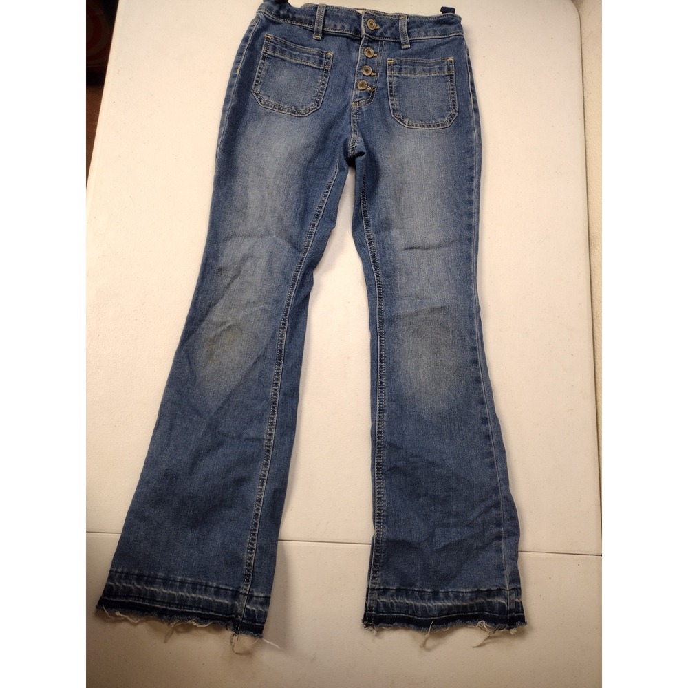 SO Girls Blue Flare Jeans Button Fly Patch Pockets Raw Hem Size 12 Medium Wash